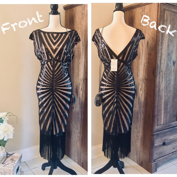 Beaded Cocktail Fringe Party Maxi New Midi Dress - Picture 3 of 8